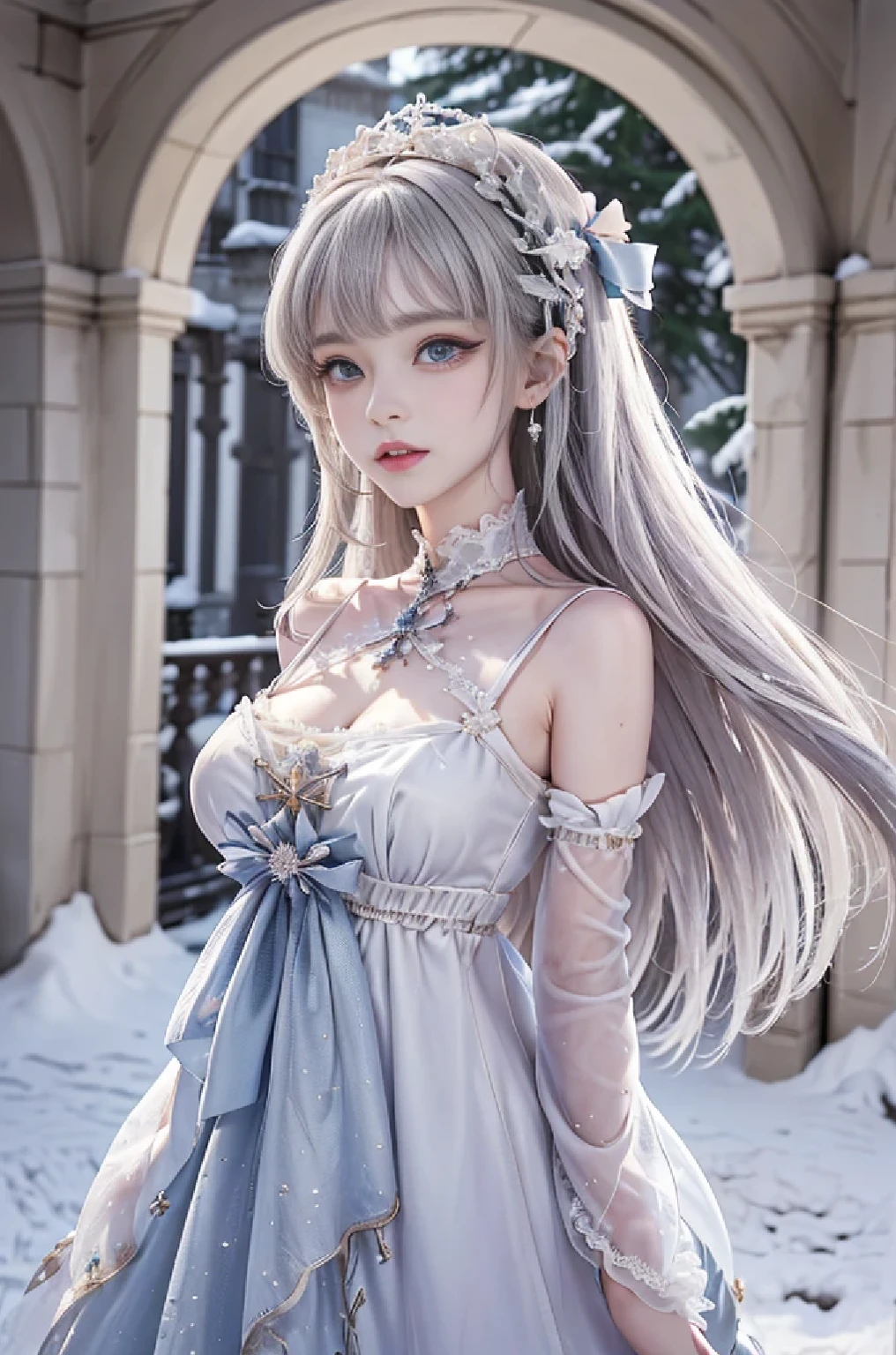 ((masterpiece:1.5,highest quality,Highly detailed images,Beautiful images、Realistic、Photorealistic、2.5D))(1girl, solo)(cute girl, medium breasts, white hair, aqua eyes、Beautiful big eyes、Sharp jaw、Small Nose、Narrow waist、Thin legs、Ideal body type、The collarbone is beautiful)(lolita fashion、Cape、Heavy coat、Snow Field、Gothic Style)(Beautiful, shining hair, floating hair)(heavy snow、dead tree)
