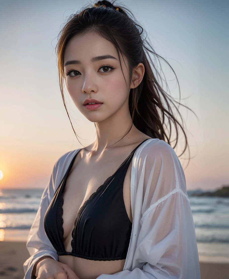 (8k、 highest quality、 masterpiece、 Realistic、 Very detailed:1.3)、(Photorealistic:1.2)、((Beautiful Korean Women))、One Woman、Medium Hair、ponytail、Bronze Hair、Black eyes are small、Beach at dusk、18-year-old、cute、Ulzzang Makeup、Spring-like clothes