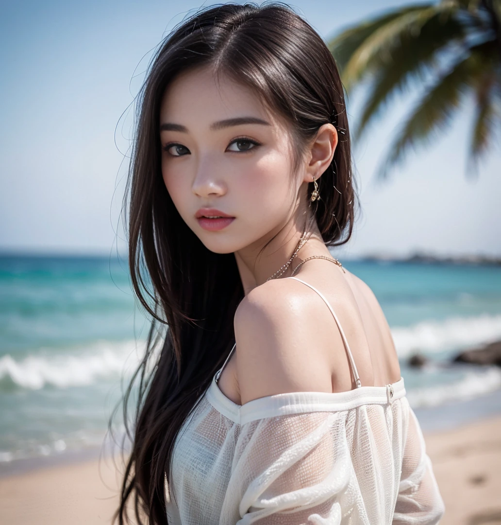 (8k、 highest quality、 masterpiece、 Realistic、 Very detailed:1.3)、(Photorealistic:1.2)、((Beautiful Korean Women))、One Woman、Medium Hair、ponytail、Bronze Hair、Black eyes are small、Beach at dusk、18-year-old、cute、Ulzzang Makeup、Spring-like clothes、Fashion Model