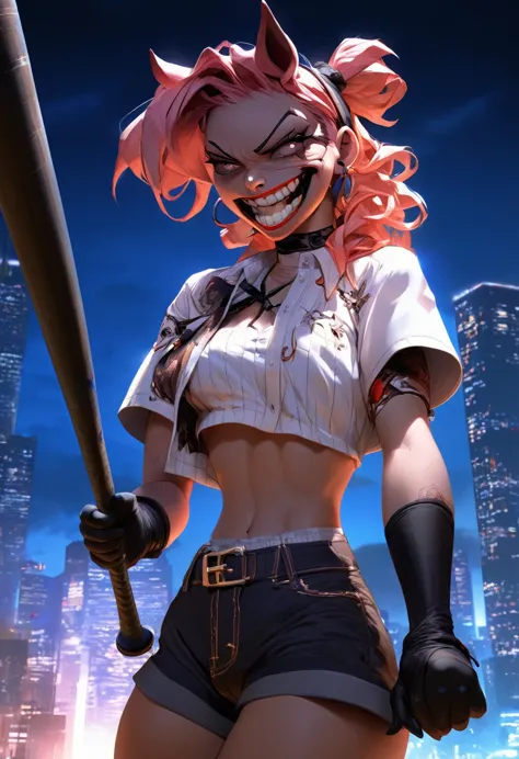 1girl, medium breasts, batting stance, baseball bat, from side, cowboy shot, looking down, evil mean grin, night cityscape, clos...