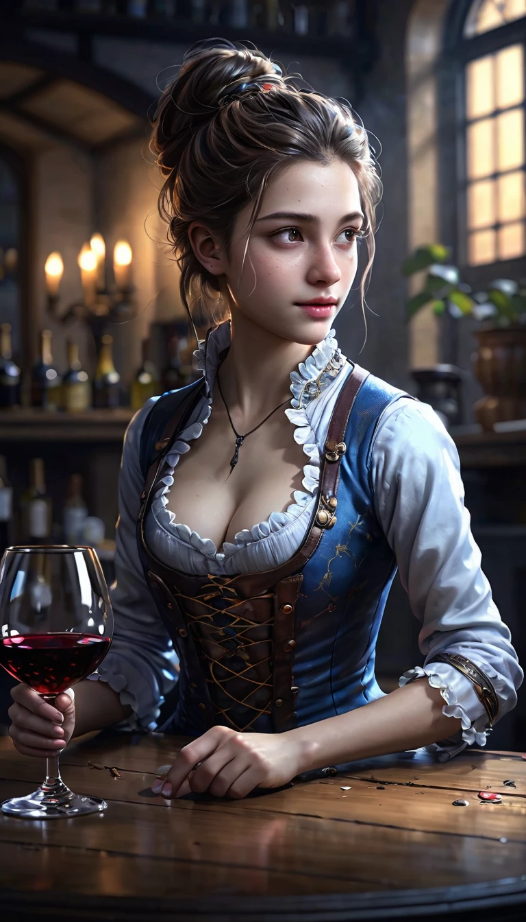 a beautiful mean girl, highly detailed, photorealistic, spilling red wine on purpose, malicious expression, narrow eyes, cruel smile, elegant dress, long hair, mocking servants, ornate interior, dramatic lighting, Renaissance style