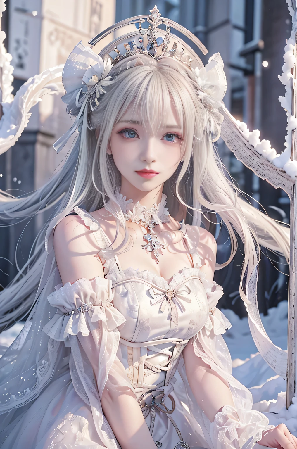 ((masterpiece:1.5,highest quality,Highly detailed images,Beautiful images、Realistic、Photorealistic、2.5D))(1girl, solo)(cute girl, medium breasts, white hair, aqua eyes、Beautiful big eyes、Sharp jaw、Small Nose、Narrow waist、Thin legs、Ideal body type、The collarbone is beautiful)(lolita fashion、Cape、Monotone clothes、Snow Field、Gothic Style)(Beautiful, shining hair, floating hair)(heavy snow、dead tree)
