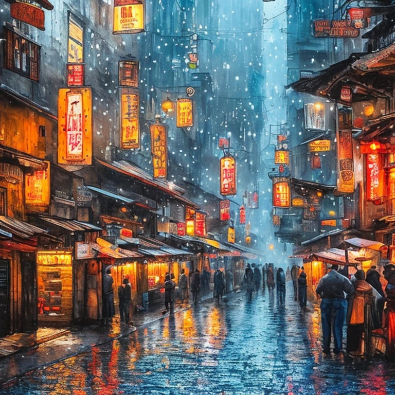 A detailed watercolor painting of a back alley drinking district, Realistic, photoRealistic, Intricate details, Vibrant colors, Warm lighting, Atmospheric, Sulky, Grainy, Neon Signs, old buildings, Narrow Road, People socializing while drinking々, Steam from the vent, Wet pavement, Vibrant nightlife, highest quality, 8k, High resolution, masterpiece