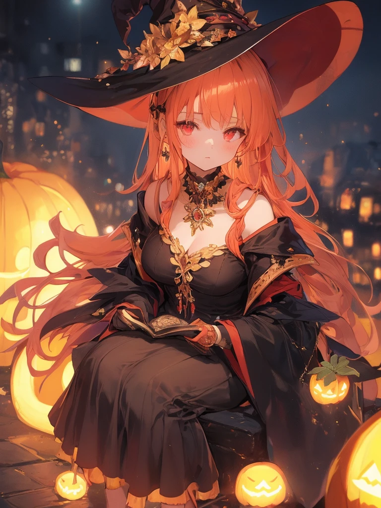 art by Cornflower,(​masterpiece),(top-quality:1.2),(perfect anatomy),(1 girl in witch hat:1.2),beautiful detailed red eyes,orange hair,sitting on very large pumpkin,(Highly detailed elegant), Magical colors and atmosphere, Detailed skin,The background is soft and blurry,Add a dramatic and symbolic element to your scene, Written boundary depth, Bokeh, Silky to the touch