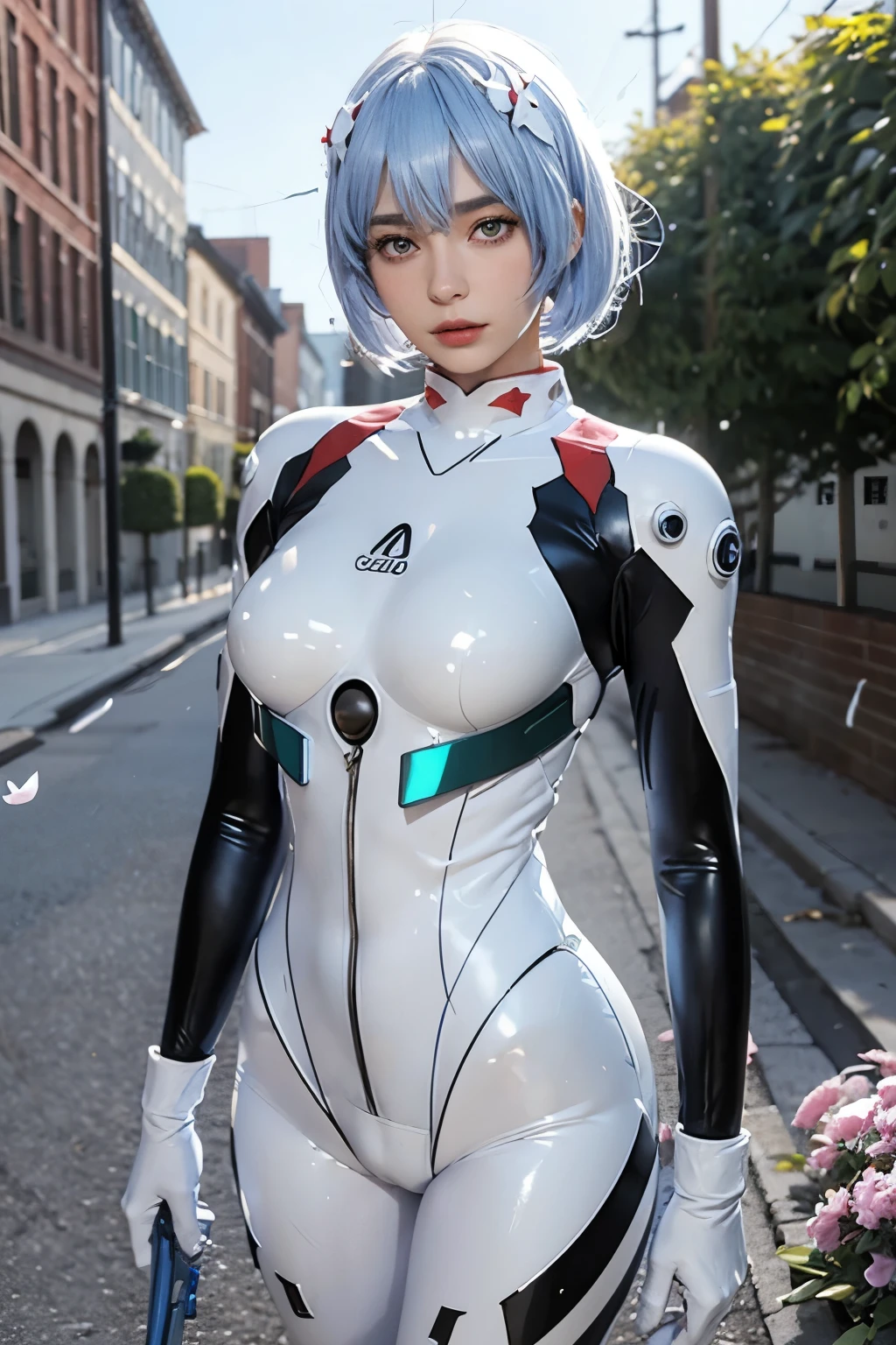 (現実的, photo現実的), ayanami_王, 1人の女の子, ブルーショートヘア, 白い髪飾り, ((白いボディスーツ, 手袋)), 太もも, 上半身,(カウボーイショット),(傑作, 高品質, 最高品質), (カラフル),(繊細な目と顔), ボリュームライト, レイトレーシング, 非常に詳細な CG ユニティ 8k 壁紙,一人で((飛んでいる花びら)),屋外, 青空, 雲, 日time, 日, 都市景観, 通り, フラワーズ, 緑の植物