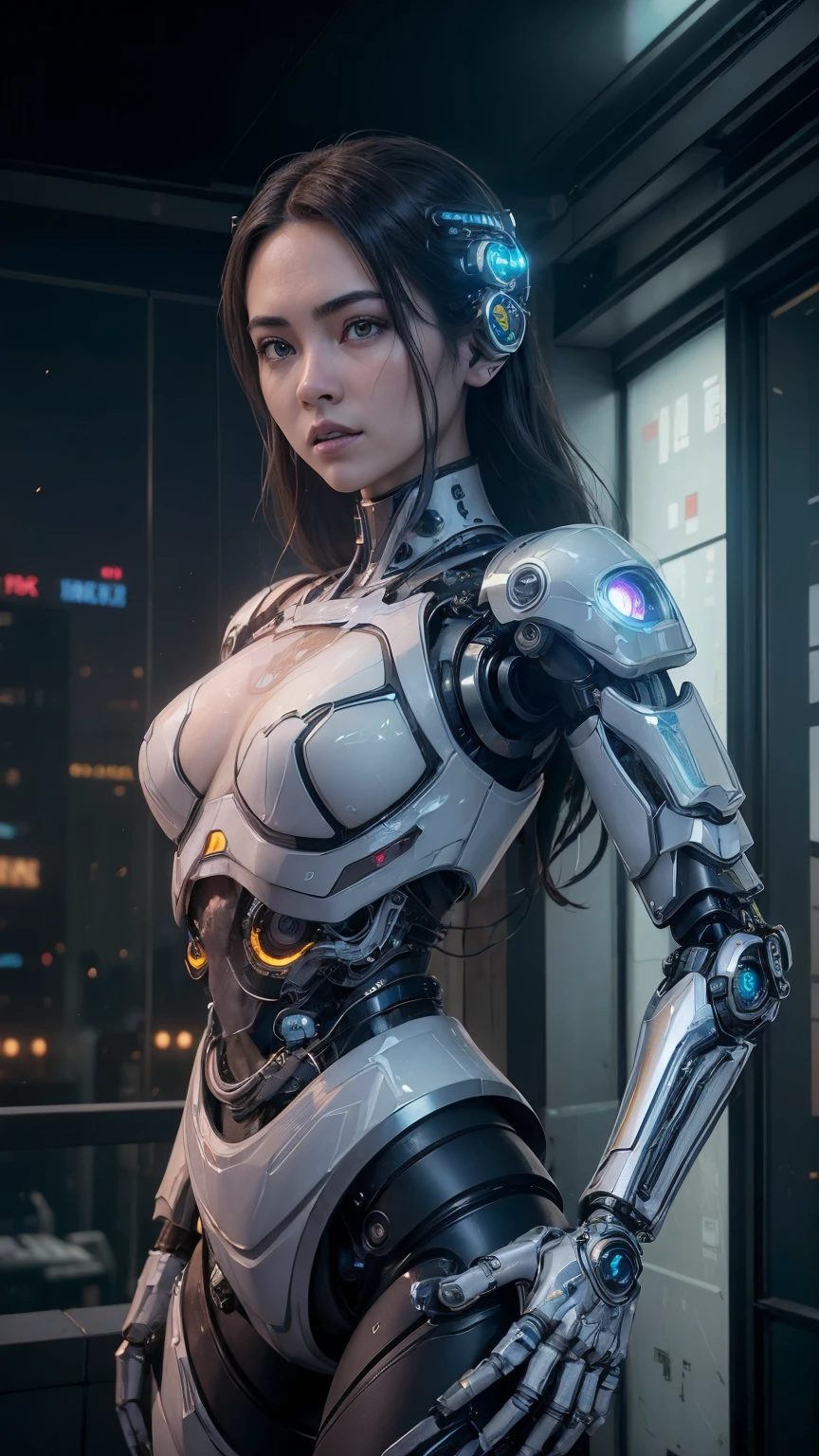 (((Jéssica Henwick with a futuristic cyberpunk ninja assassin armor, shiny robotic ninja armor )), (dynamic pose), (Obra-prima), (hiper-realista:1.4), (realista:1.3), (Pele com textura real da melhor qualidade.),  (cinematic lighting), (cena do filme), 1mulher bonita, (Luz brilhante), pele muito detalhada, poros da pele, (rosto muito detalhado:1.1), (olhos muito detalhados:1.1), realista pupils, (Anatomia perfeita:1.1), (perfect proportions:1.1), (fotografia:1.1), (de fotorreal:1.1), volumetric lighting, dynamic lighting, Sombras Reais, (high resolution:1.1), sharp focus, (realista, hiperrealista:1.4), intrincado, Alto detalhe, dramatic, Subsurface Dispersion, Grande profundidade de campo, vivid, pulido, afiado, ((completo agudo)), (extremamente absurdo),8kDR, ((Fundo cyberpunk da cidade de Hong Kong)), (Jéssica Henwick:1.4), (Jéssica Henwick V2.1), (mechanical cyborg transparent white glass :1.4), (cores brilhantes), (Rear view, vista traseira),(fingers perfect hands detailed : 1.4) 