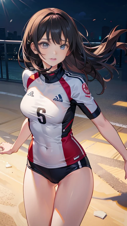 (highest quality, masterpiece:1.2)
1 woman, volleyball attack moment, jump, sports, ultra-detailed, super resolution, photo-realistic:1.4, 8k, raw photo, realistic, physically-based rendering, volleyball, sports wear, long hair, muscular, exposed skin, skin texture, soft breasts, sweat, calm mood, volumetric warm lighting, low light, ultra-realistic detail. Ai Shinozaki, body size 100-70-90! beautiful round face, heart-shaped lips curled up in a light smile, soft light, 8k.