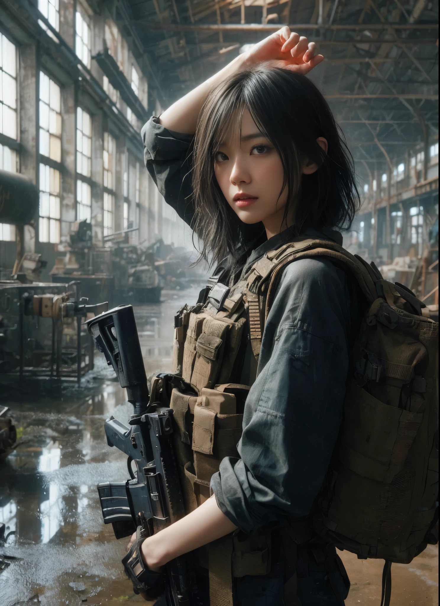 
8k,Realistic Photo、Realistic Skin Texture、Superrealism、Japanese women in the U.S. military、Searching for something in a mysterious abandoned factory、The concrete floor is cracked and wet.、Abandoned machinery is rusting and decaying.、Tattoo