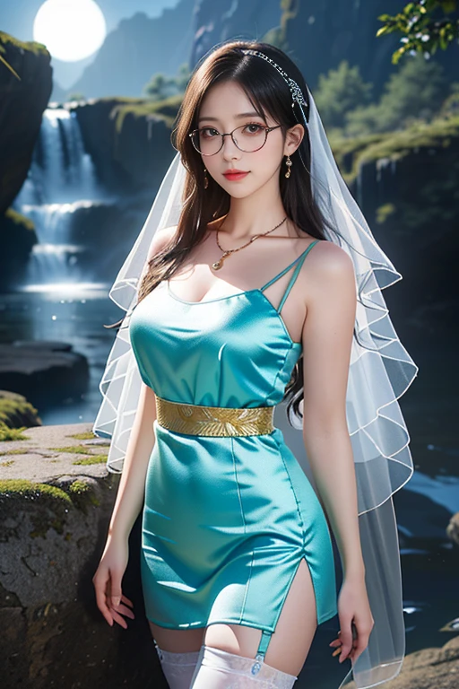 Femme fière à côté d&#39;une cascade de montagne enneigée，(8k Ultra HD、Appareil photo reflex numérique、Lumière douce、Haute qualité、éclairage volumétrique、Franc、photo、haute résolution、4k、8k、bokeh)，(Détails riches sur les yeux et le visage，couleur chaude, Couleurs très saturées，Montrez un sourire charmant, Petite bouche de cerise, Bouche fermée, yeux équilibrés, visage parfait, joli visage, Yeux noirs，La peau est transparente et visible, Peau de Shirasawa, cosmétique, (Lunettes),des boucles d&#39;oreilles， collier, bijoux，voile，accessoires pour cheveux)，(Créez de superbes images de vraies filles, Lumière chaude, poses dynamiques, posture élégante, lentille de cow-boy, avant tout le corps，Ayez l&#39;air confiant de face，Corps face à la caméra，Pose debout face à la caméra，Ouvrez légèrement les jambes，Graphiques du nombre d’or，minimalisme, ), （Clair de lune，Fond de cascade de montagne profonde）, Étudiantes chinoises，coiffure en désordre，,Coiffures dégradées，Coiffure cyberpunk，(vêtements transparents：1.5)，Robe bleu corail，vêtements en résille，vêtements transparents， collants， pantalon ouvert，（Sexy，forme de poitrine parfaite、seins très détaillés，Tasse 34E），pas de sous-vêtements，（taille haute，Taille creuse，Levain），Chaussettes couleur chair.（Chaussettes transparentes jusqu&#39;aux genoux、jarretière、腿部jarretière）