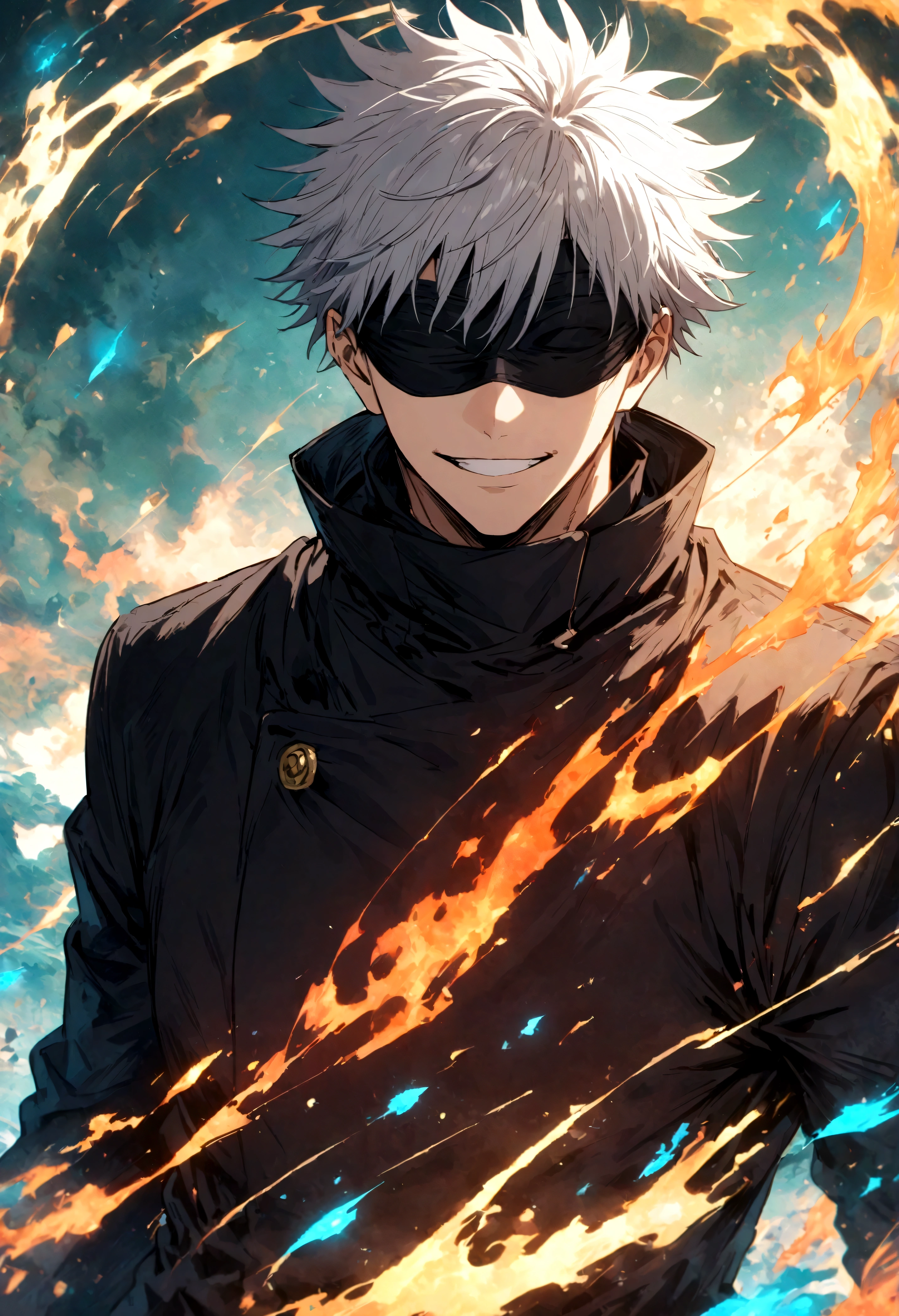 (1 male,satoru gojo,jujutsu kaisen,Gray Hair),(Gojo Satoru Costume Details:Black clothes with a high collar,(Black blindfold)), (Infinite Emptiness)Draw a scene from,Cynical smile,,Gojo is a tall adult male.,A highly likeable male character,Rising pale energy,Ishida Midori Style,I was impressed by Yoshihiro Togashi.,Black, white and blue as main colors,Intricate details,Wind,Impressive illustration work,Decadent,artwork,Perfect Anatomy,Anatomically correct,,Dynamically,nice,wonderful,Dark fantasy,Light and Darkness,Coming this way,(masterpiece:1.3),(highest quality:1.4),(ultra detailed:1.5),High resolution,extremely detailed,unity 8k wallpaper,Close-up shot