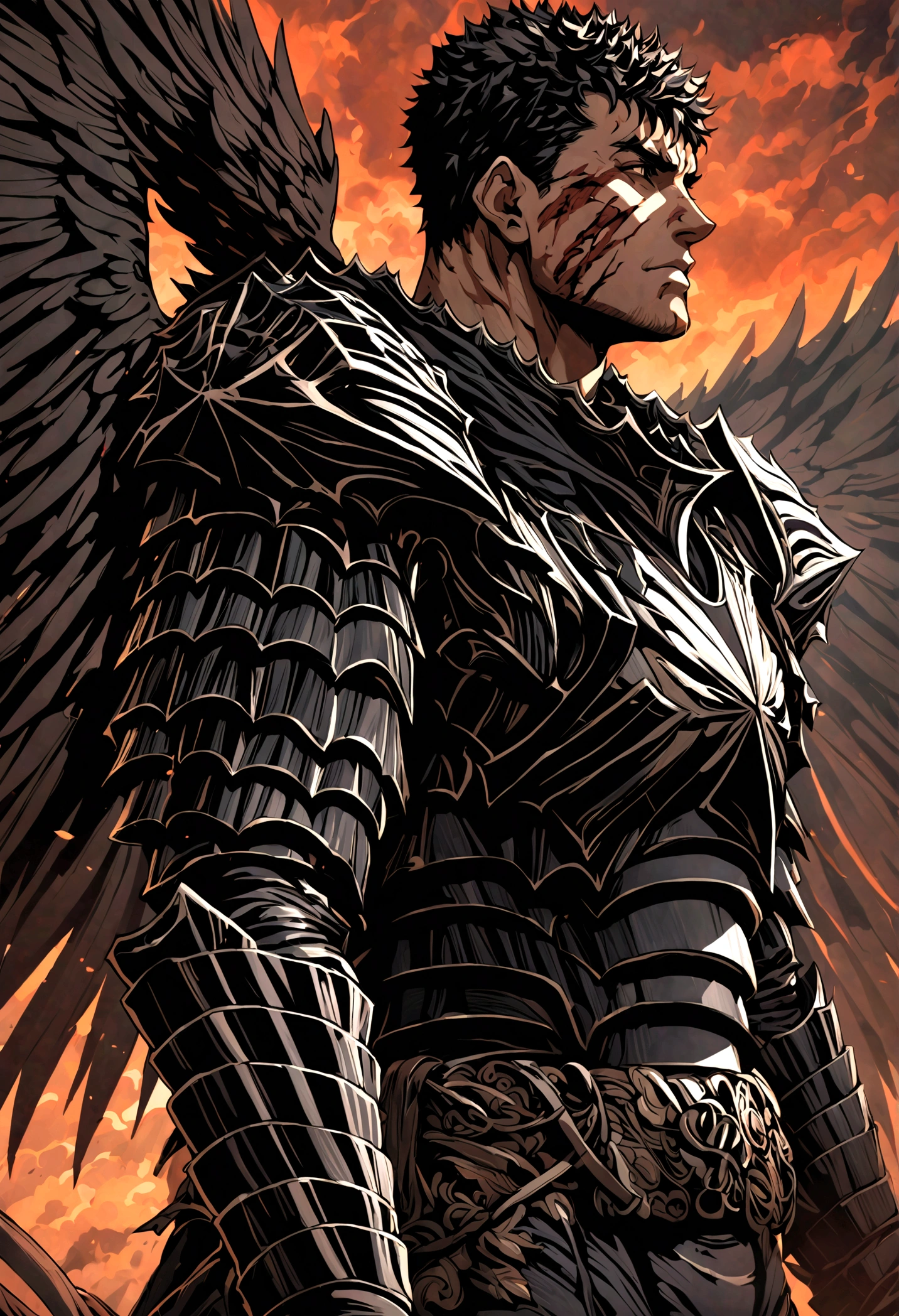 Dark Angel Wings，a muscular man in black armor with bandages, facing the viewer, with manly features, scars and wounds, smooth skin, sharp focus, illustration，guts \(berserk\) 