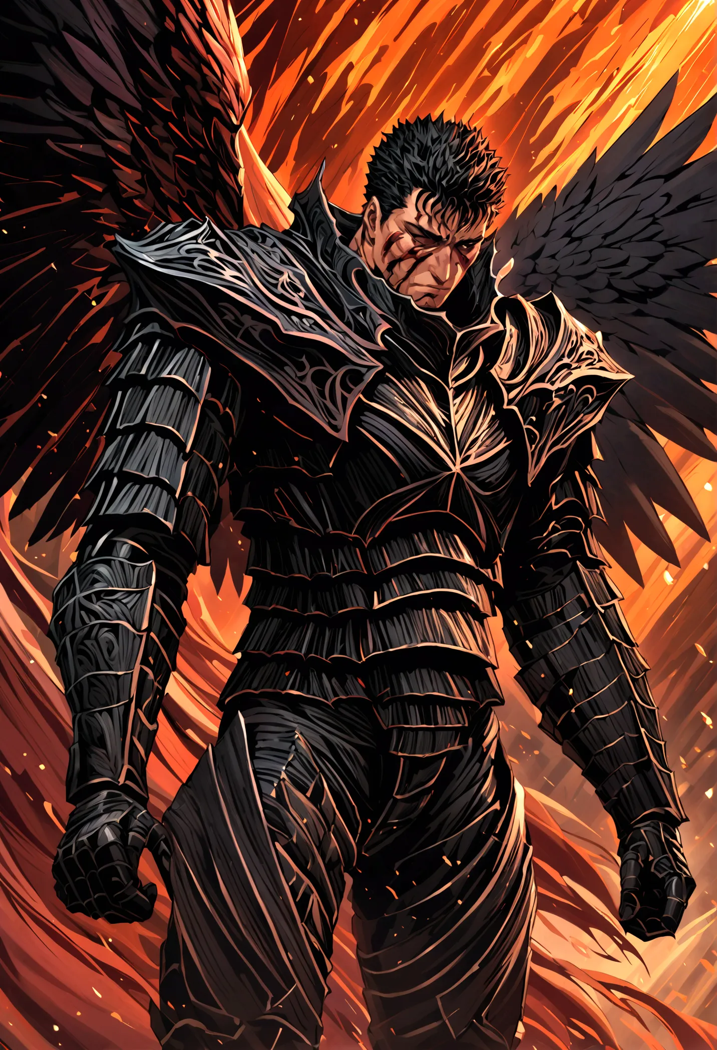 dark angel wings，a muscular man in black armor with bandages, facing the viewer, with manly features, scars and wounds, smooth s...