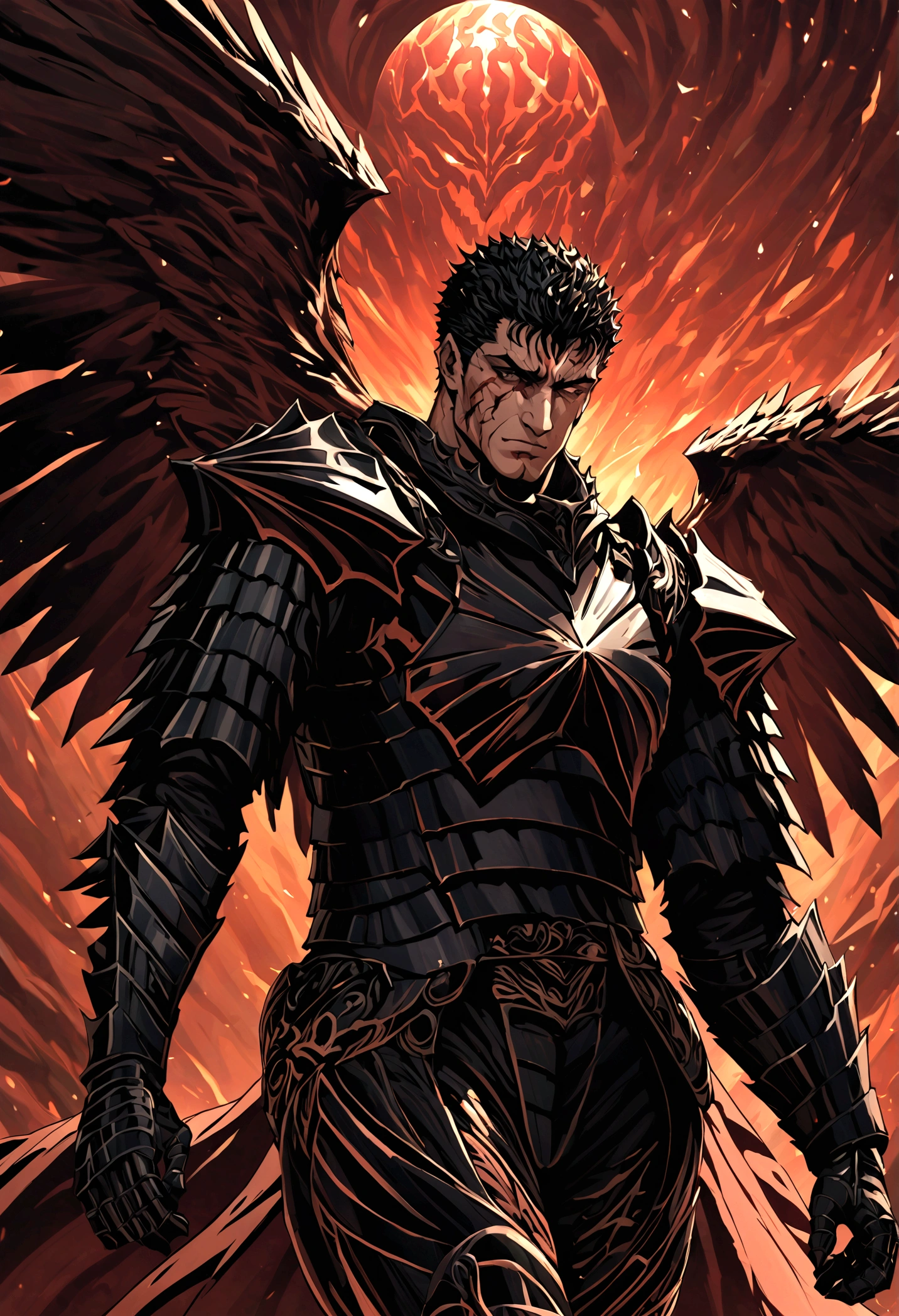 Dark Angel Wings，a muscular man in black armor with bandages, facing the viewer, with manly features, scars and wounds, smooth skin, sharp focus, illustration，guts \(berserk\) 
