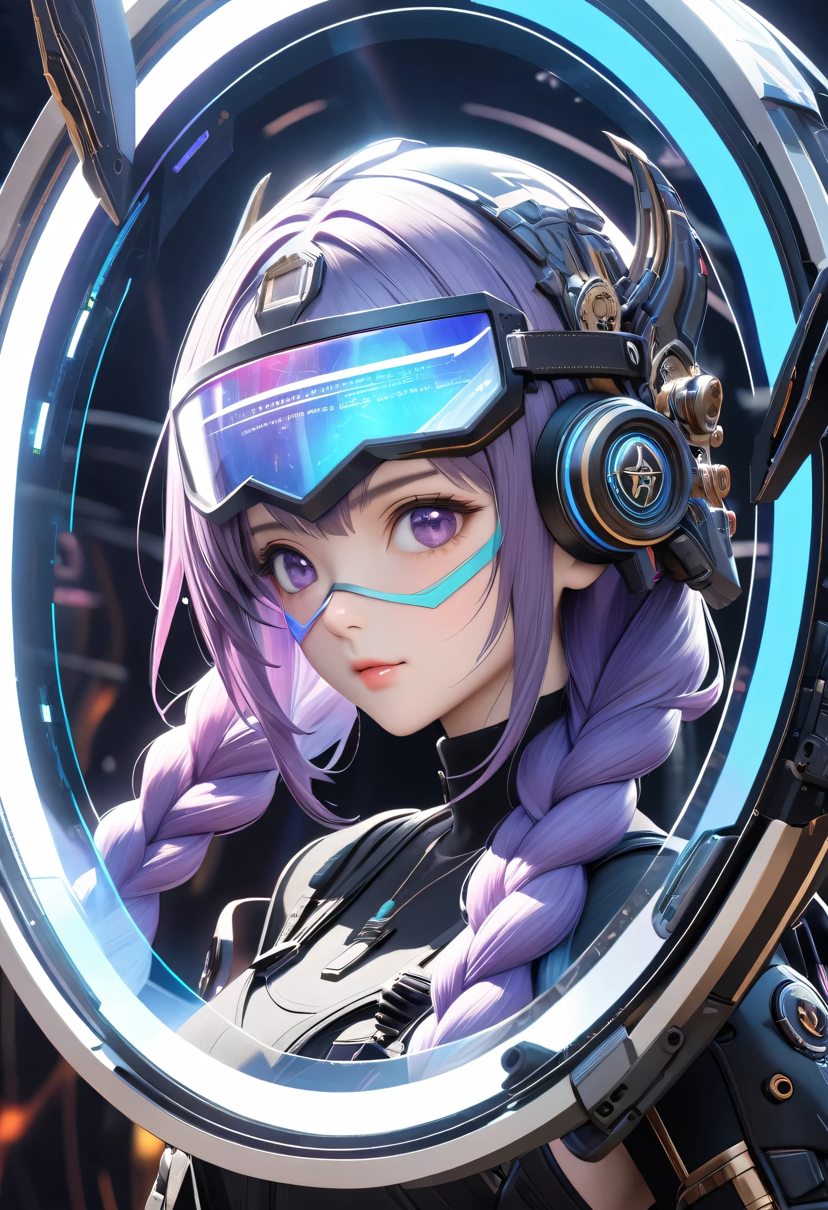 1 fighter girl,(wearing full coverage techpunkmask:1.5),(transparent holographic helmet:1.2),mechanical arms,detailed face closeup,summoning circle cave,futurism,projectionholographic display,blue holographic halo Laggador'sRing,Surrounded by holographic ribbons throughoutfluorescent, special effects,3D art,3D rendering, octan rendering, Unreal Engine,Hyper-Realistic,rich background, RealisticDetails, Detailed Depiction,Minute Details. HD, White and purple gradient hair, (150 cm of braided hair:1.4)