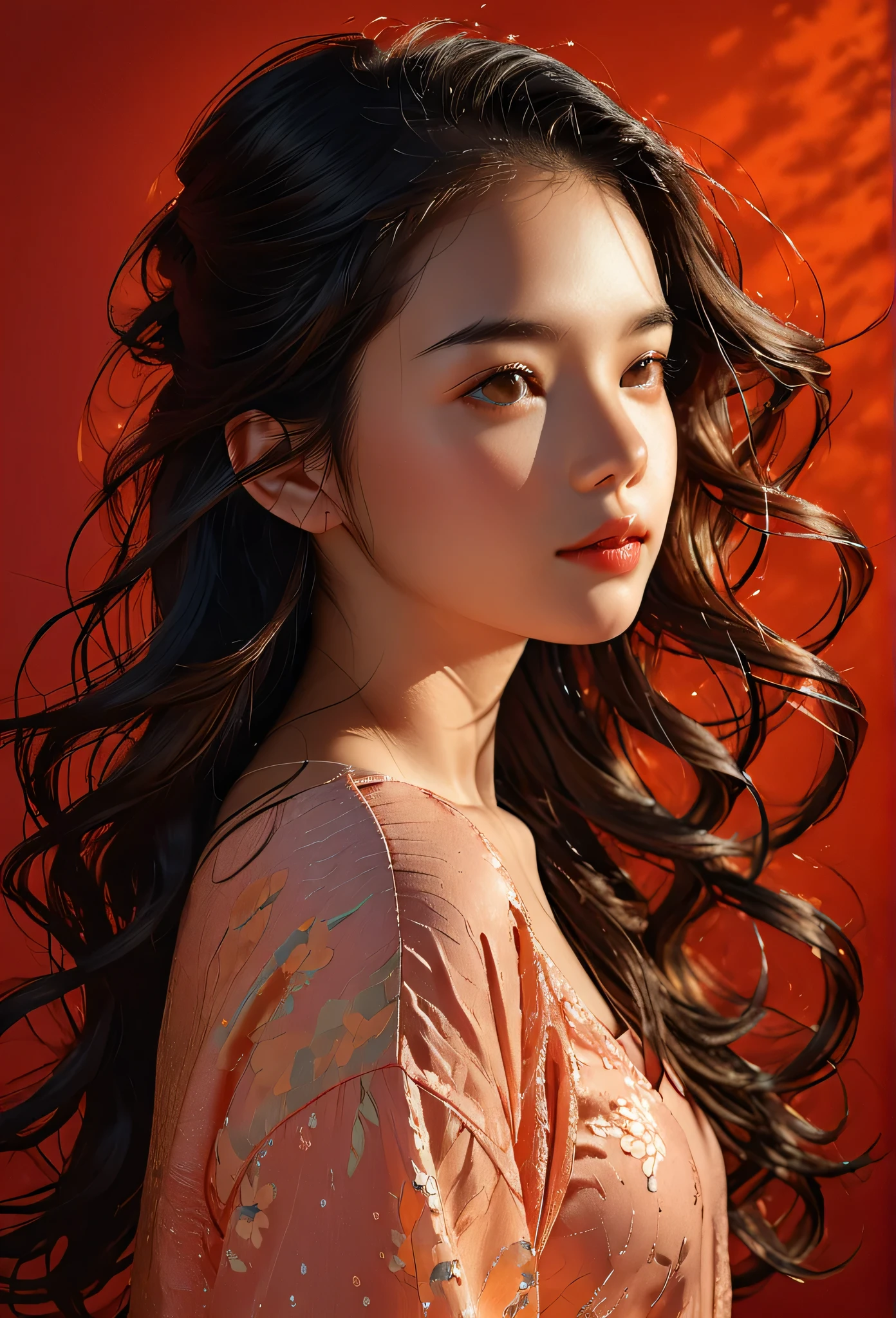 a 20 yo woman,long hair,dark theme,soothing tones,muted colors,high contrast,(natural skin texture, hyperrealism, soft light, sharp),red background,dark,