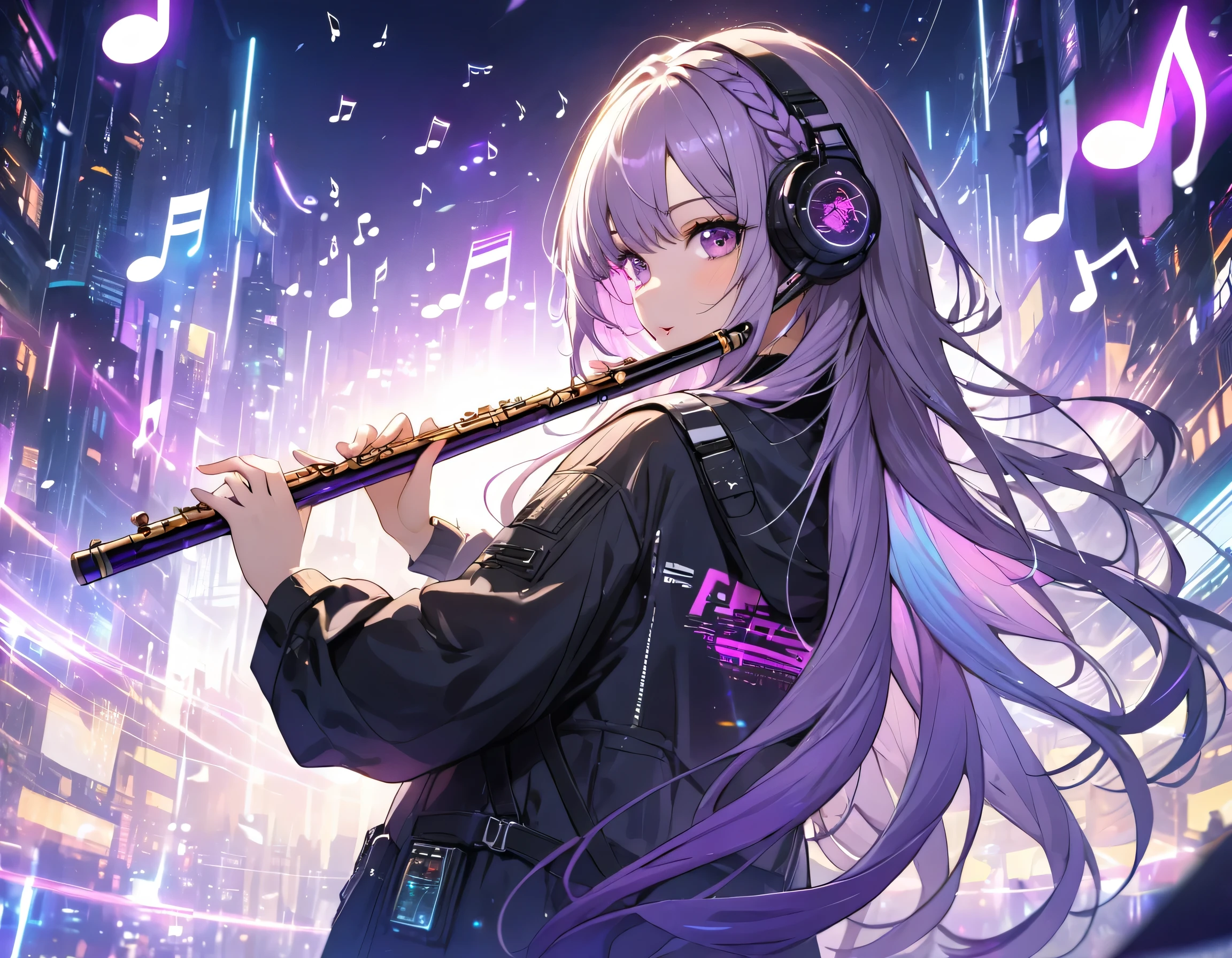 ciberpunk, Luces centelleantes de pelo largo trenzado degradado blanco-púrpura, Una hermosa niña tocando una flauta., Notas musicales a su alrededor, (Notas musicales voladoras:1.4), (desde atrás:1.3), mirando a la camara