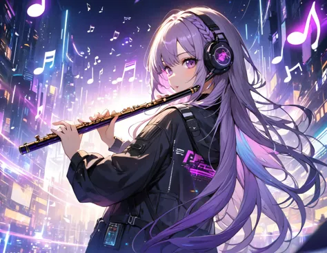 cyberpunk, White-purple gradient braided long hair twinkling lights, A beautiful girl playing a flute, music notes all around he...