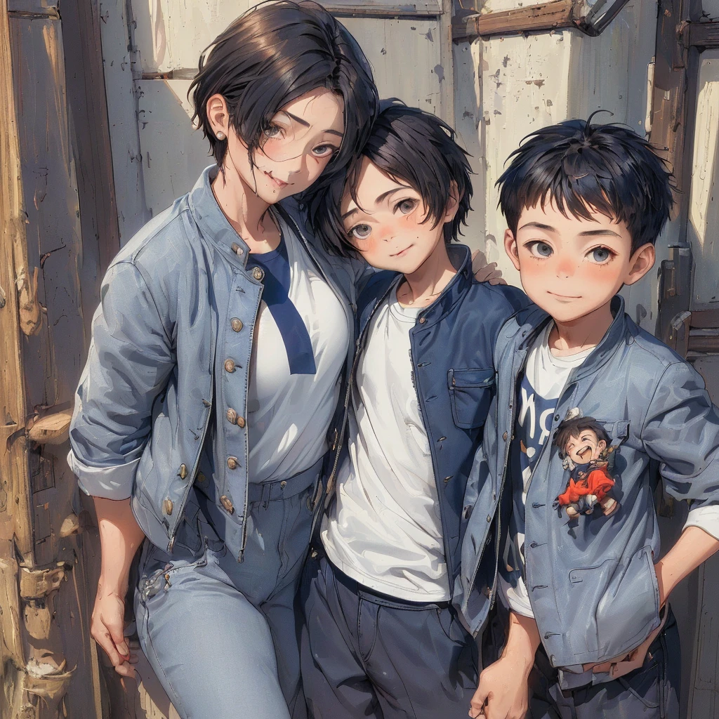 highest quality，masterpiece，超A high resolution，Perfect Anatomy,（Faithfulness：1.4），RAW Photos，smile，Children of short-haired boys，Woman with long hair and 2 year old boy with short hair，a woman and small boy, Mom and short-haired son,Gorgeous Mother And Smiley Boy,（Big tree々Parks with）(((Big treeの後ろに隠れている母)))、(hide and seek）Cowboy Shot,Cinema Lighting，Fashion model parents，Adorable，, (Browsing Caution:1.2)、(Black-haired baby looking for his mother)、(Long-haired mom and short-haired son)、（A mother in a navy blue jacket and her son in a grey jacket）