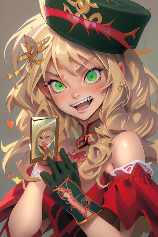 Chica rubia, Peinado largo y rizado, penetrantes ojos verdes, Dientes afilados, cara angelical, lunar debajo del ojo derecho, sonrisa traviesa y llamativa, mirada altiva y traviesa, tendencia yandere, vestido rojo absurdo con intrincados bordados dorados, guantes negros, botines altos con tacones de aguja, majestuoso en una pose irónica, HD12K,