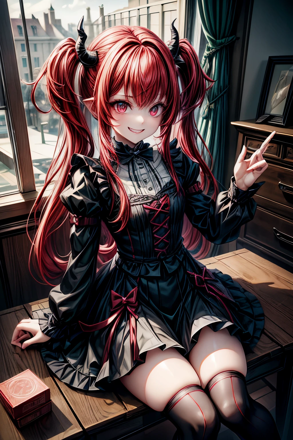 Little Devilish Girl, Red-haired twin-tailed, Creepy Smile, Double teeth, Mini Devil, Masterpiece, Committed to ultra-high definition and vivid colors, Super detailed, Attention to detail, highest quality, 8K, 16K, Exquisite detail, A style that combines romanticism and realism, High resolution, Perfect Anatomy, 