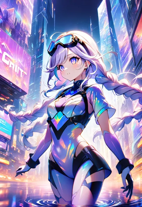 1girl, cryptic girl, Opal-style combat uniform, goggles, cyber city reflected in goggles, long purple-white gradient braids,