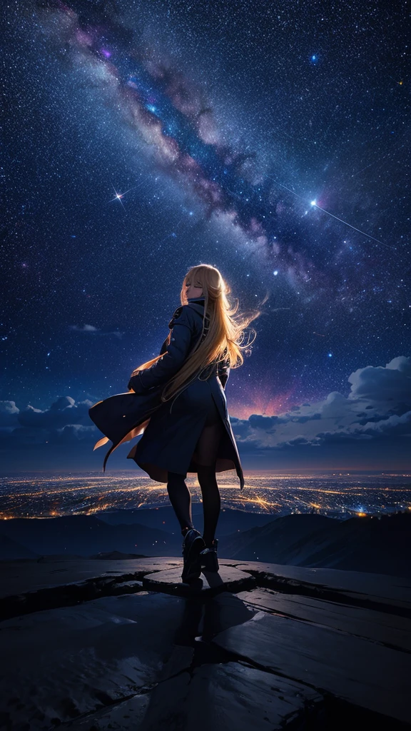 １personnes々々々,cheveux longs blonds，long manteau，silhouette， Vue arrière，ciel spatial, voie Lactée, Style animé, pétales dansants，Vue nocturne de la ville depuis le flanc de la montagne，