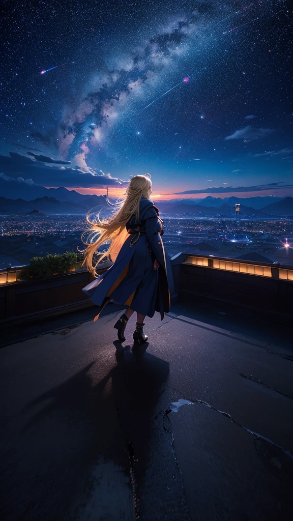 １people々々々,Blonde long hair，Long coat，silhouette， Rear View，Space Sky, milky way, Anime Style, Dancing Petals，Night view of the city from the mountainside，