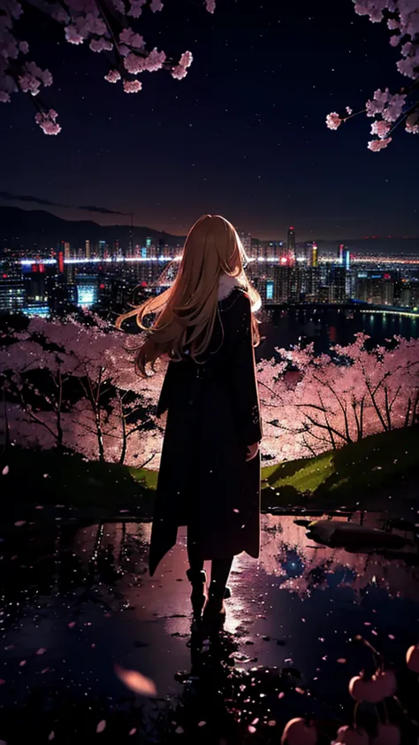 １people々々,blonde long hair，long coat，silhouette， rear view，space sky, milky way, anime style, cherry blossoms，夜cherry blossoms，辺...