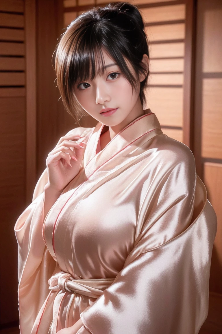 Top quality, Face Focus, Soft Light, (Written boundary depth) ,Ultra-high resolution, (Realistic:1.4), RAW Photos, (from before) 1 Japanese girl, alone, cute, (Brown eyes), Beautiful face in every detail, (short_hair ), (Silk kimono:1.4) ,(Big Breasts) ,Embarrassing ,Bedroom ,night ,Dim lighting ,Keep your eyes down ,Sleeping on a futon ,night伽 ,Pink Cheeks ,Overflowing breasts、Pink nipples