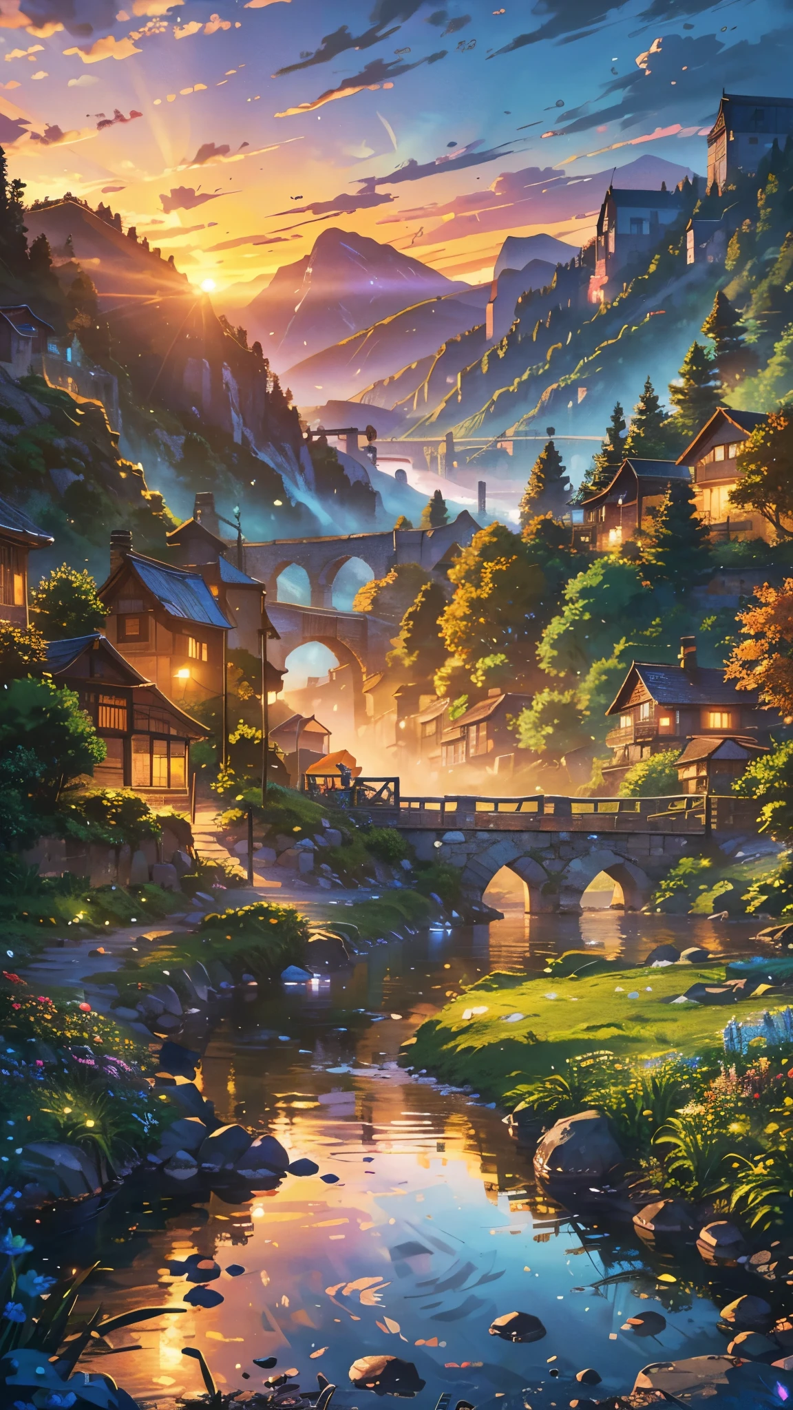 ein kleines Dorf am Fluss, Berge im Hintergrund, farbenfrohe Blumen, detaillierte Landschaft, wunderschöne Naturlandschaft, stimmungsvolle Beleuchtung, leuchtender Sonnenuntergang, warme Farbpalette, realistisch, photorealistisch, detailliertes Laub, komplizierte Architektur, Kopfsteinpflasterstraßen, charmante rustikale Häuser, leuchtende Farben, üppigem Grün, stille Wasserreflexion, malerisch, idyllic, Meisterwerk, beste Qualität, 8k, ultra-detailliert