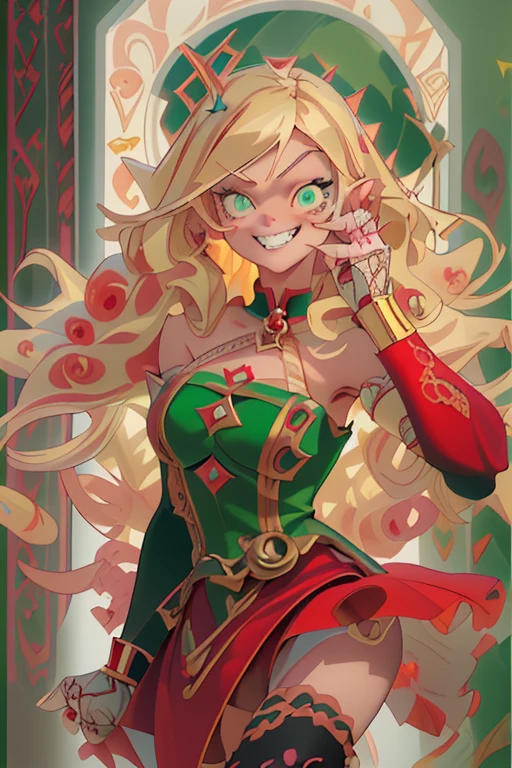 blonde girl, long curly hairstyle, piercing green eyes, sharp teeth, angelic face, mole under the right eye, mischievous and striking smile, haughty and mischievous look, yandere trend, absurd red dress with intricate golden embroidery, black gloves, ankle boots high tops with stiletto heels, majestic in an ironic pose, HD12K,