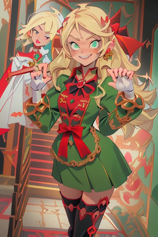 blonde girl, long curly hairstyle, piercing green eyes, sharp teeth, angelic face, mole under the right eye, mischievous and striking smile, haughty and mischievous look, yandere trend, absurd red dress with intricate golden embroidery, black gloves, ankle boots high tops with stiletto heels, majestic in an ironic pose, HD12K,