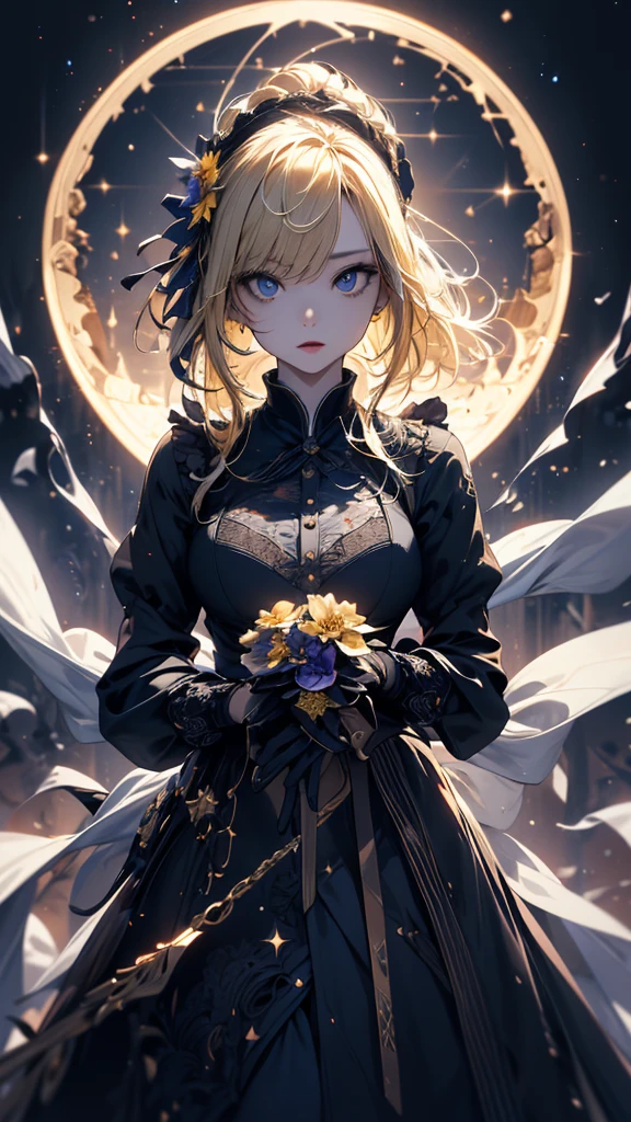 masterpiece, high quality, 4K, Beautiful design, silhouette，blonde， 非常に詳細な夜のStarry Sky,Flower Field， wonderful, Finer details,  Very knowledgeable woman, Highly detailed solo, 1 female,Big Breasts，Gothic Lolita Fashion，Random Pause，Night view，Starry Sky，full moon，