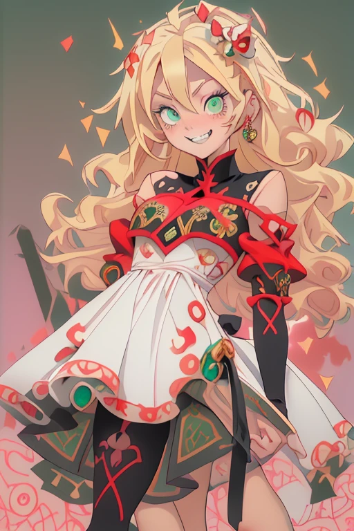 blonde girl, long curly hairstyle, piercing green eyes, sharp teeth, angelic face, mole under the right eye, mischievous and striking smile, haughty and mischievous look, yandere trend, absurd red dress with intricate golden embroidery, black gloves, ankle boots high tops with stiletto heels, majestic in an ironic pose, HD12K,