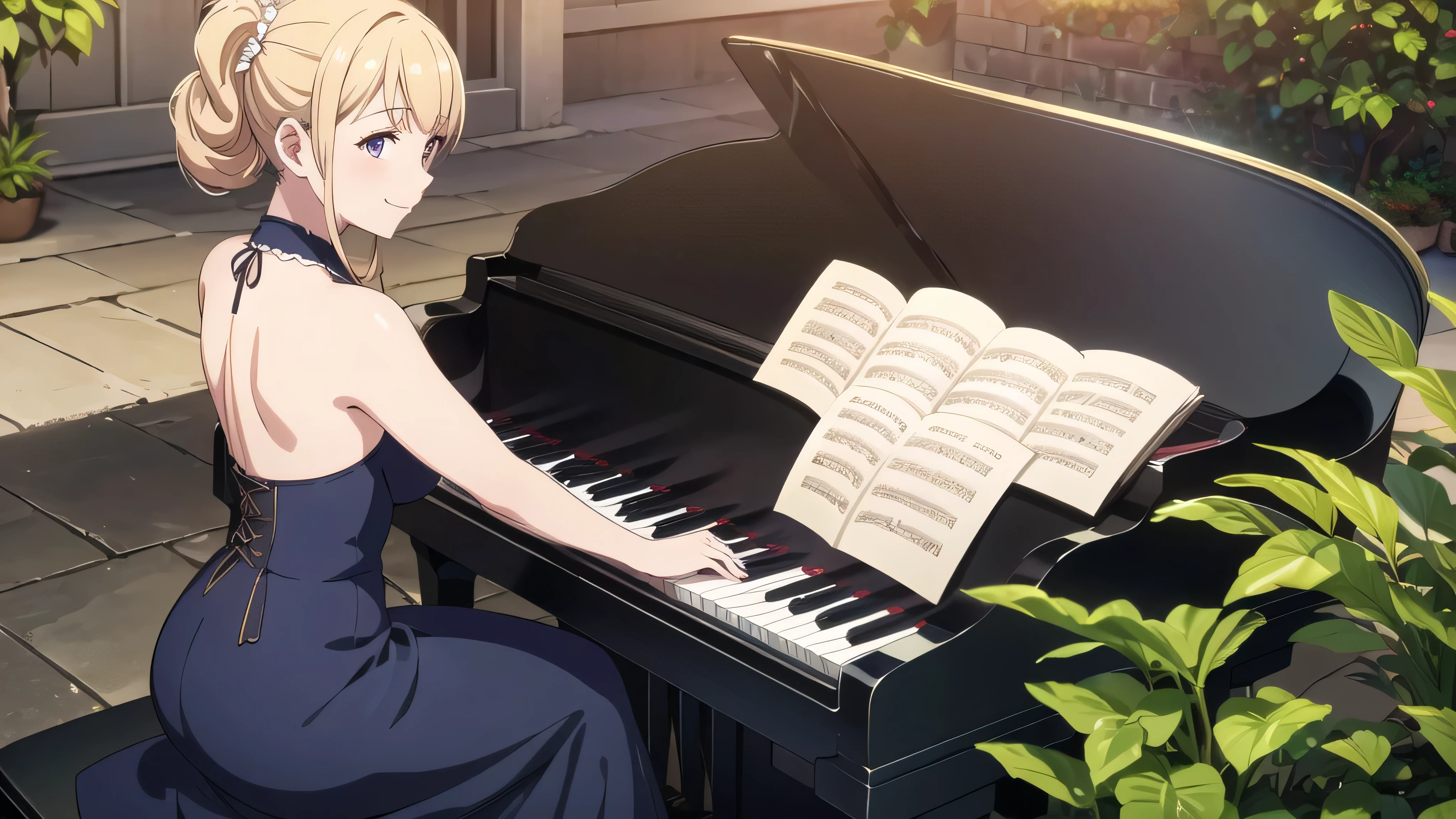 Gadis anime berpakaian biru bermain pianoGadis anime berpakaian biru bermain piano  