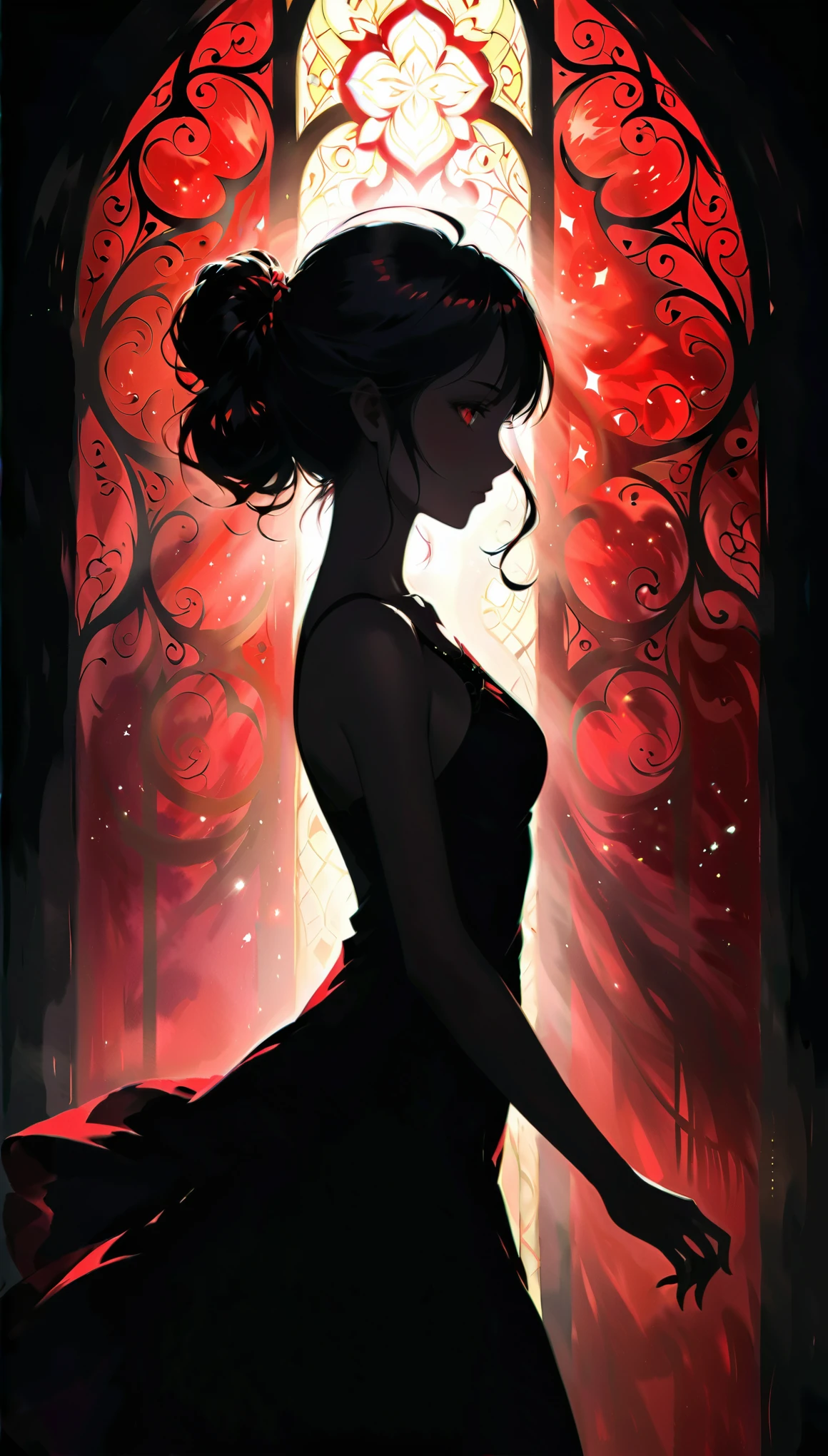 (in style of John Bauer:0.8),in style of Ashley Wood,in style of Lillian Bassman,
1girl,(black silhouette body:1.2),translucent arms,it was as if there was a nebula swirling in it,(nebula's glowing arms:1.3),black_background,character cutout,red eyes,(red stained glass:1.5),
BREAK
Detailed,(darkness:1.4),(very detailed shadows:1.3),absolute shadows,absolute darkness,