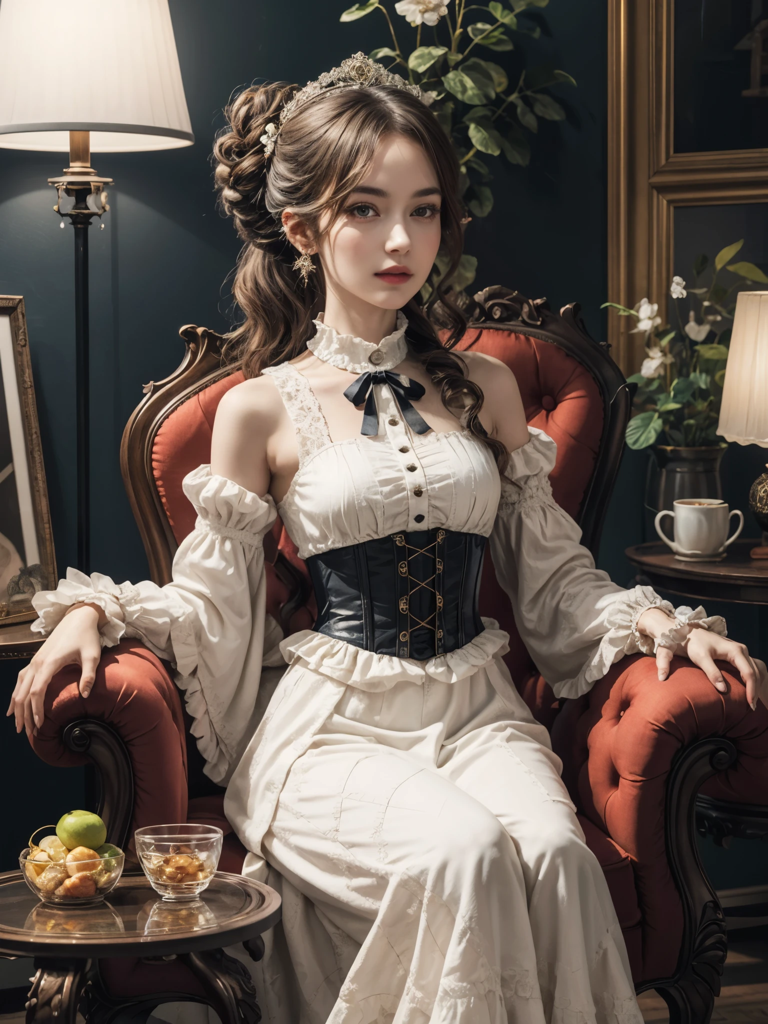 1girl, sitting on chair, rococo style decorated room, detailed face, hair updo, intricate fractal design long dress, (corset belt:0.8), hruffle-trimmed high neck collar, BREAK, end table with fruits on it, masterpiece, intricate pattern glass, 