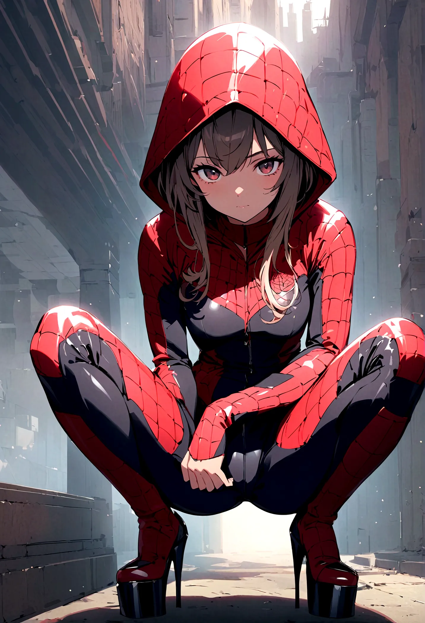 g_s, 1girl, hood, superhero suit,  looking at viewer, squatting, front view, spreading legs, superhero suit， platform heels, sol...