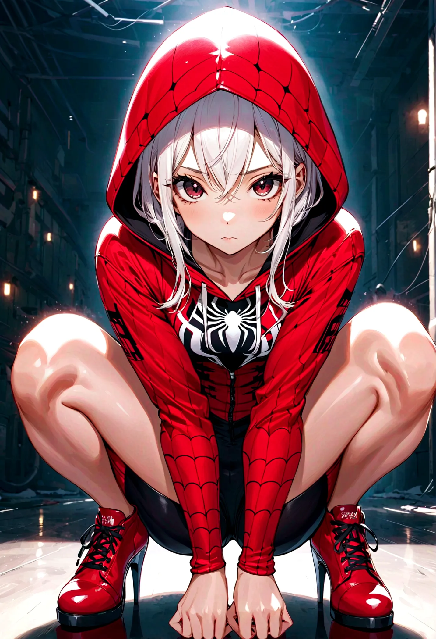 g_s, 1girl, hood, superhero suit, looking at viewer, squatting, front view, spreading legs, superhero suit， platform heels, solo...