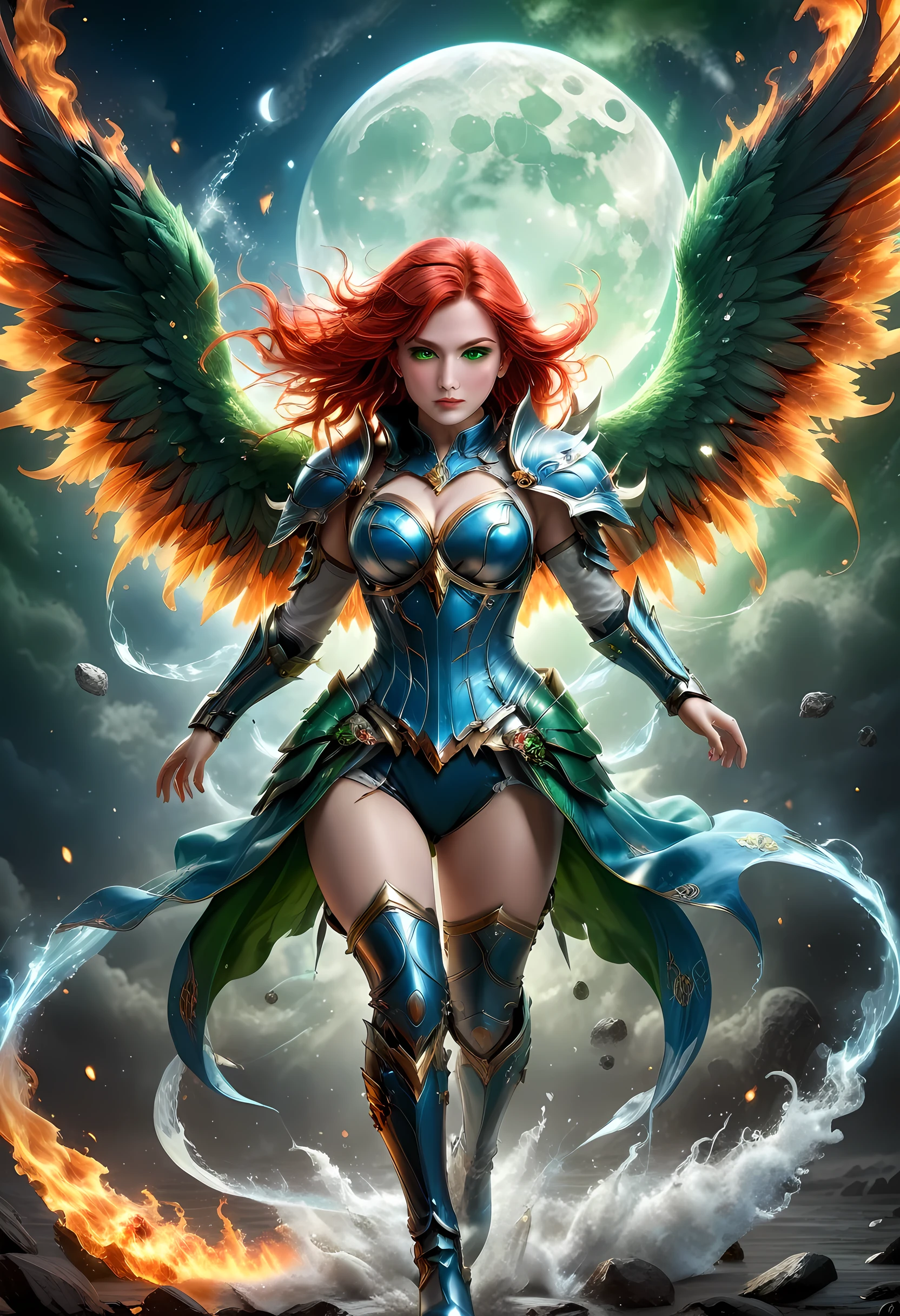 16k, ultra detailed, masterpiece, best quality, (extremely detailed), arafed, dnd art, panoramic view, full body, aasimar, female, (Masterpieceת intense details:1.3), female, sorceress, casting flaming spell(Masterpieceת intense details:1.3) large feathered wings,(azure: 1.3) angelic wings spread (Masterpieceת intense details:1.3), fantasy magical heaven background (Masterpieceת intense details:1.3), moon, stars, clouds, wearing white armor (Masterpieceת intense details:1.3), high heeled boots (Masterpieceת intense details:1.3), armed with staff, (red hair: 1.4), (green eyes: 1.4), intense eyes, ultra feminine, ultra detailed face, (Masterpieceת intense details:1.5), (anatomically correct: 1.5), determined face, divine light, cinematic lighting, soft light, silhouette, photorealism, panoramic view ((Masterpieceת intense details:1.3) , Wide-Angle, Ultra-Wide Angle, 16k, highres, best quality, faize, 3D rendering