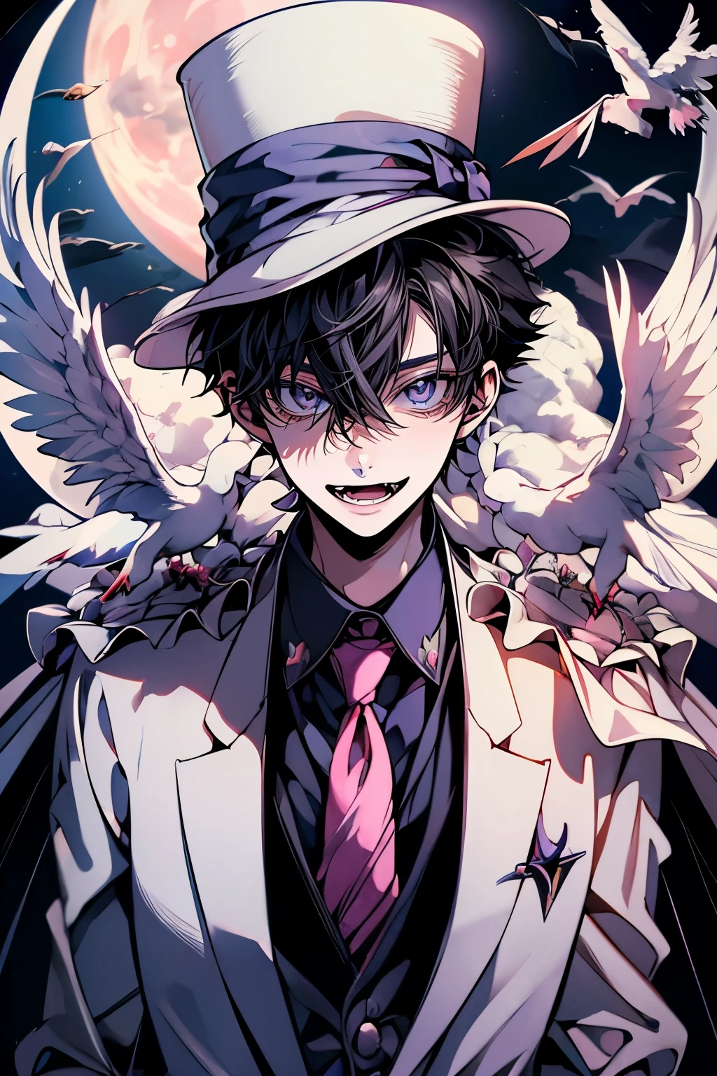 (Mastepiece), (Best Quality), Very detailed, ((17 year old boy:1.5)), Perfect Face, Beautiful Face, Very detailedな顔，(Black short hair:1.3)，((White Suit 1.4))、(Blue Shirt)、(Pink tie)、((White Top Hat 1.4))、((White Cape:1.4))、(White Gloves 1.4)、(Monocle 1.3)、(Playing cards 1.2)、(White Moon:1.4)、(Night Sky:1.5)、(White Dove:1.3)、magician、(Show your fangs:1.3)