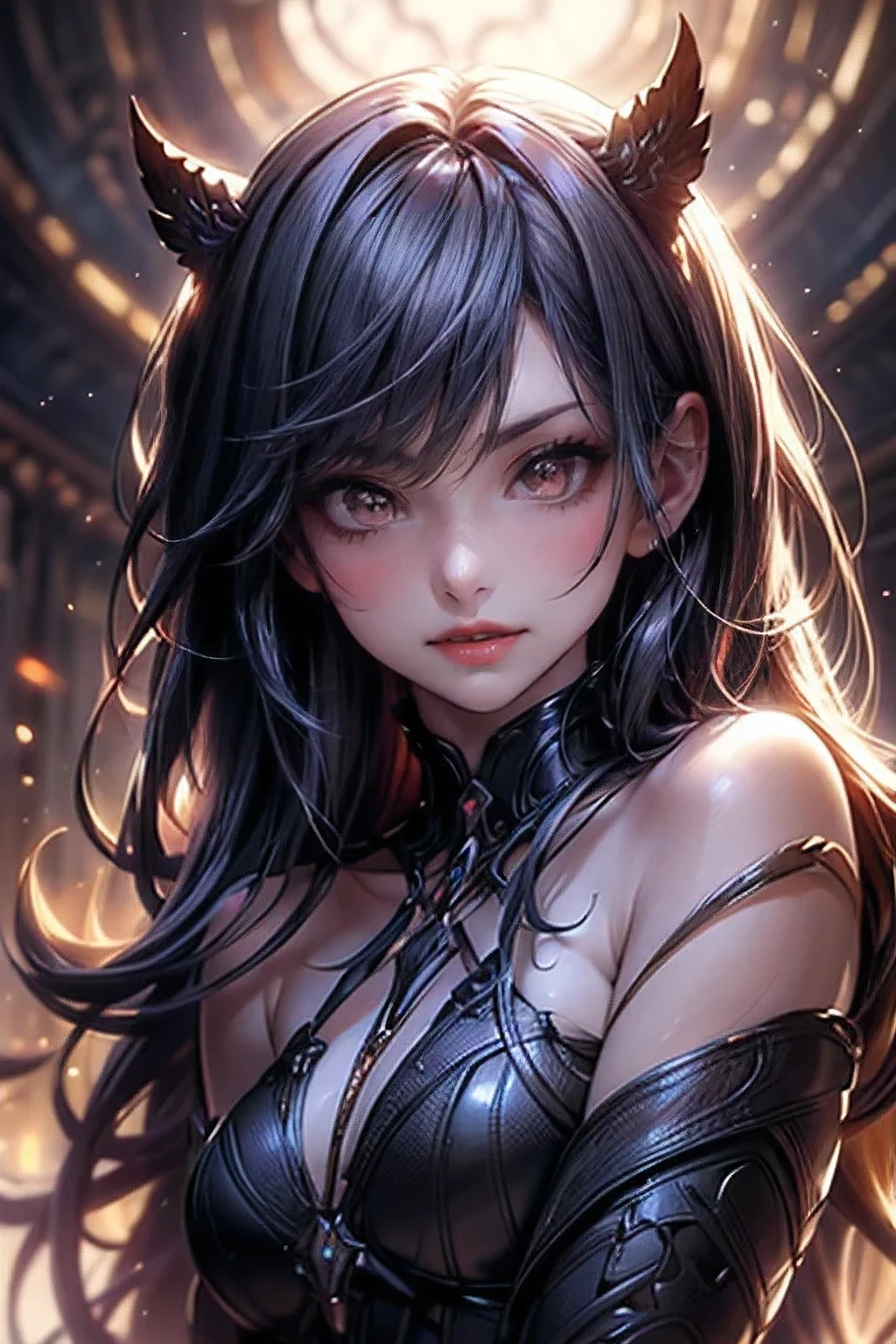 fantasic illustration, masterpiece:1.2, highest quality, highres, 16k, beautiful detailed, ultra-realistic, photo realistic:1.37,  beautiful cute vampiric girl bares her fangs and bites, cute face, pointy fangs, growing red eyes, shining pupils, blushed cheek, shiny rosy lips, cute vampiric clothes, beautiful delicate(hair, face, eyes, pupils, fangs), posing to attack prey