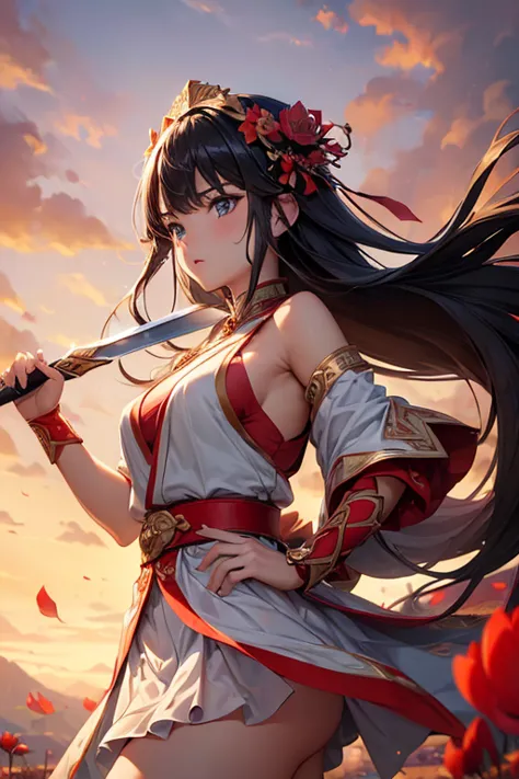 ((top-quality、8K、​masterpiece:1.3))、girl with、Red Lotus/(Nike, Goddess of Victory)/,holds a sword、battle field、Warrior&#39;s eye...