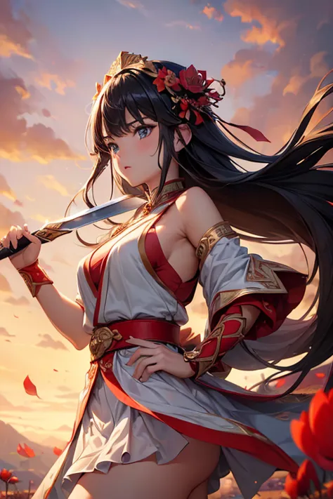 ((top-quality、8k、​masterpiece:1.3))、girl with、red lotus/(nike, goddess of victory)/,holds a sword、battle field、warrior&#39;s eye...