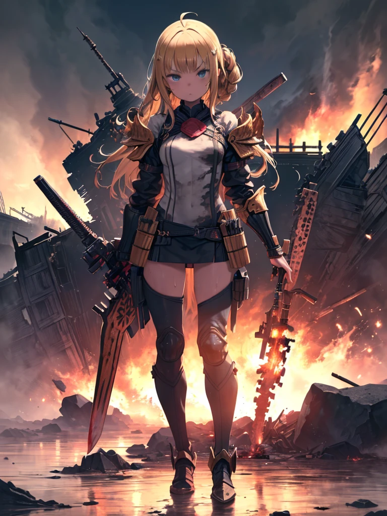 (masterpiece:1.5), (highest quality), (Very detailed), (Super detailed), (One girl:1.2), (whole body:1.2), (Young girl), (Blonde Hair), (Weapons in hand), (War battle scene), (Bloody atmosphere), (cigarette), (fire), (cadaver), (Chaotic Background), (explosion), (Torn clothing), (A look of determination), (Sweat and dirt), (I was injured), (Dynamic pose), (Broken Armor), (Burnt landscape), (Combat Stance), (Smoldering Wreckage), (inflammation:1.3), (Battle cry), (Sounds of War:1.1)