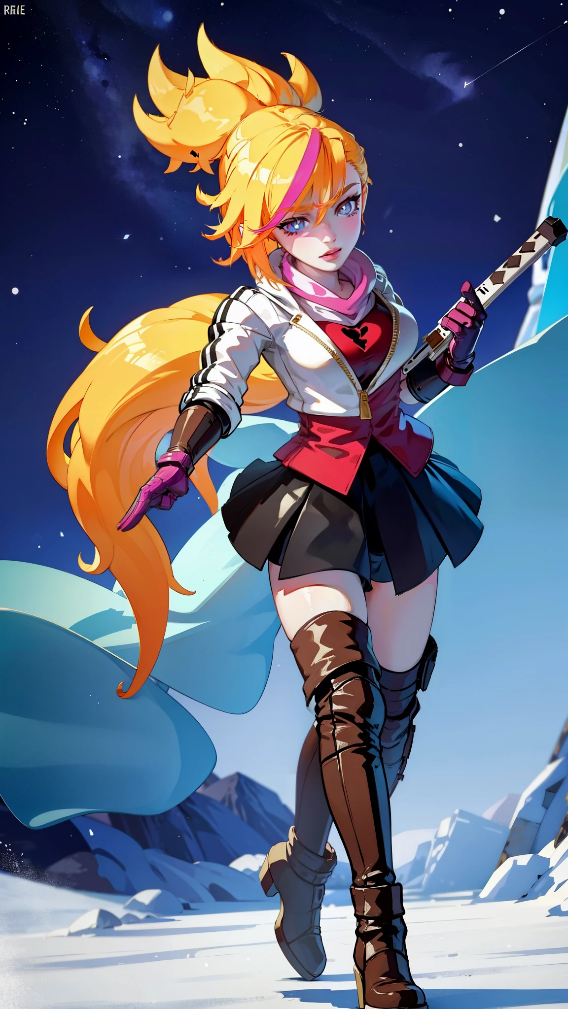 1 girl, ultra long hair, ultra detailed face, glowing lips, glowing blue eyes, very long ponytail, elegant walk, catwalk, holding down a  giant katana, blonde, long eyelashes, long boots , looking to the sky, starry sky, a ultra giant katana 