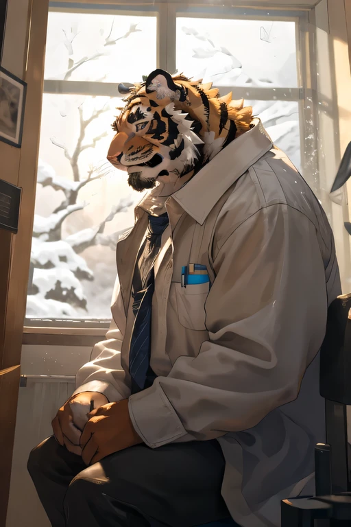 a male tiger-like humanoid creature, sitting by a hospital window, looking outside at the snowy day, smiling, wearing a white lab coat, (best quality,4k,8k,highres,masterpiece:1.2),ultra-detailed,(realistic,photorealistic,photo-realistic:1.37),highly detailed face, piercing eyes, sharp fangs, muscular body, hospital room, window view of snowy landscape, warm lighting, muted color palette，ear