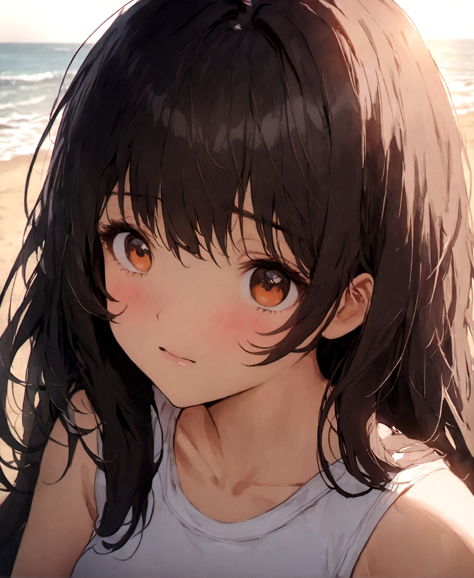 (master quality)(Anime style)(RAW Photos)High detail, Super detailed, Ultra HD Beautiful girl with short black hair having fun on an open beach, Surrounded by natural beauty, The warm sun shining down on her, Sway gently in the breeze, Creates a playful atmosphere(official gravure)(close shot1.5)School swimsuit(Goddess of victory Nikke)(Noir)