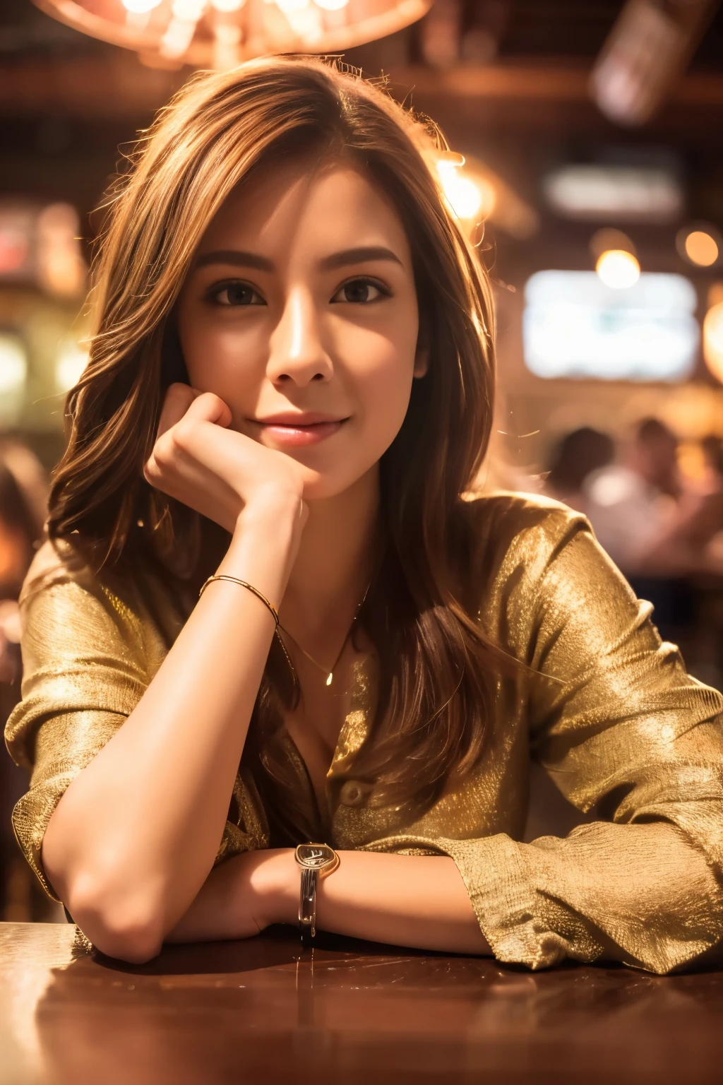 Tabletop, highest quality, Photorealistic, Super detailed, Fine details, High resolution, 8k wallpaper, One beautiful woman, Wear a flashy casual shirt, At the pub, At night, Light brown messy hair, Perfect dynamic composition, Beautiful fine details, (View your viewers)