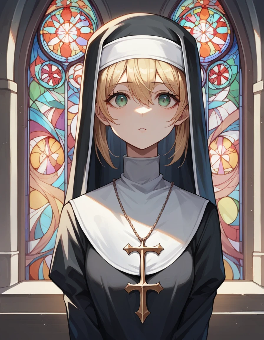 score_9, score_8_up, score_7_up, score_6_up, source_anime, 1girl, nun, looking at viewer, detailed face, delicate face, stained glass, church, indoors, arch, close up,